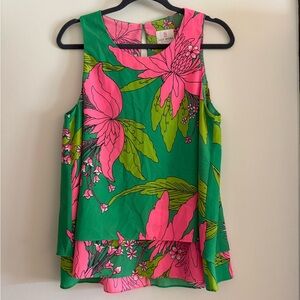 JB by Julie Brown Green and Pink Floral Tank Top Tropical Vacation Preppy Retro